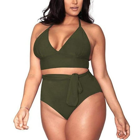 Danhjin Womens Plus Size Bikini High Waisted Swimsuits Two Piece Bathing Suits Tummy Control Swimwear on Clearance