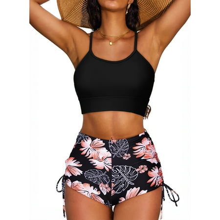 SHEWIN Women’s Bikini Sets Two Pieces Bathing Suits Criss Cross Top Swimsuits High Waisted Drawstring Boyshorts