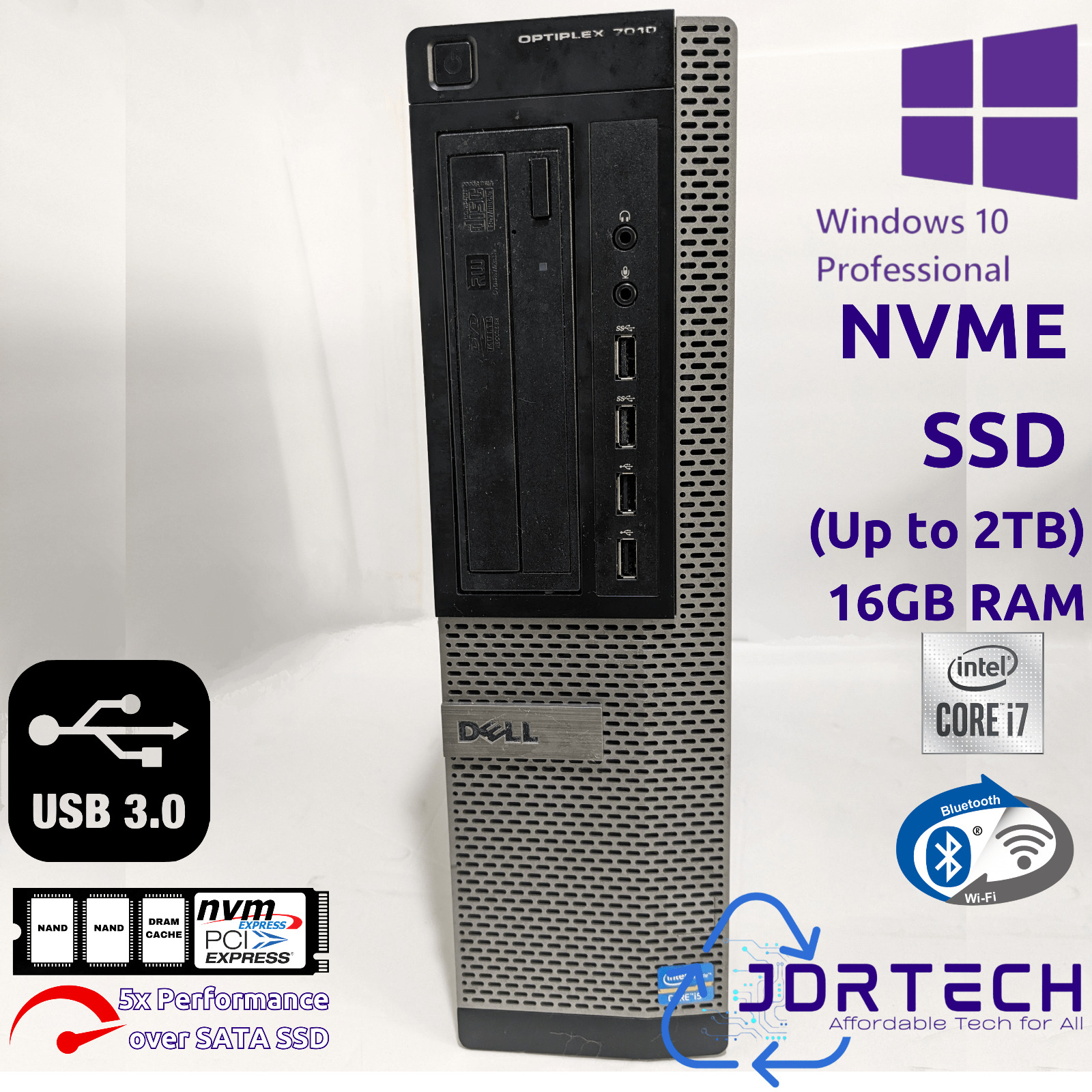 Windows 10 Pro Desktop Computer Dell Optiplex 7010 Core i7 NVME SSD 16GB WiFi BT