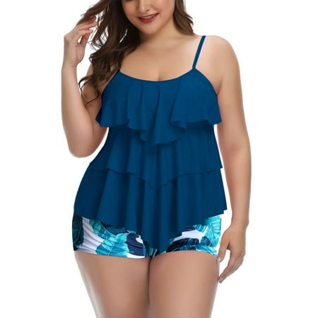 Plus Size Tankini Bathing Suits for Women Tiered Ruffle Swimsuit Top with Boyshorts Tummy Control Swimwear