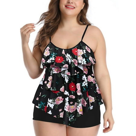 Plus Size Bathing Suit for Women Floral Printed Two Piece Swimsuit Layered Ruffle Tankini Top with Boyshorts