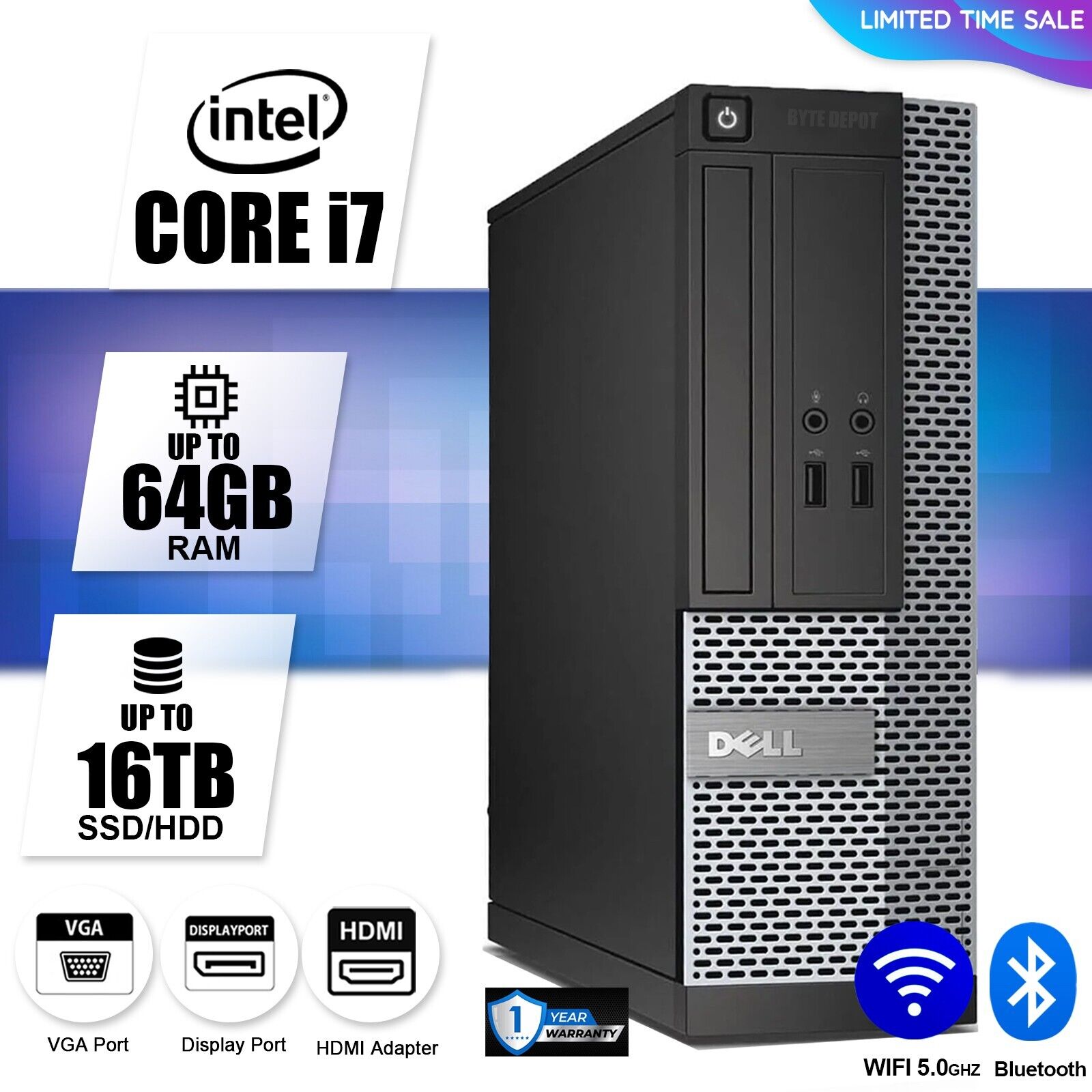 DELL Desktop Computer PC i7, up to 64GB RAM 16TB SSD/HDD, Windows 10/11, WiFi BT