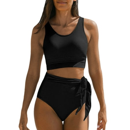 SHEWIN Womens Bikini Swimwear Set 2 Piece Swimsuits High Waisted Bathing Suits Racerback Tops with Bottom Black US 16-18