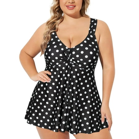 Chama Women Plus Size Swimdress Two Piece Tie Front V Neck Tankini Swimsuit with Boyshort Flowy Swimwear