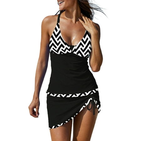Eternatastic Tankini Swimsuits with Skirt 2 Piece Swimwear Color Block Bathing Suits XXL BK White Geometry Print