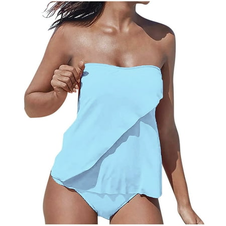 2 Piece Bandeau Tankini Swimsuits for Women Loose Removable Strap Swim Top with Bikini Bottom Bathing Suits