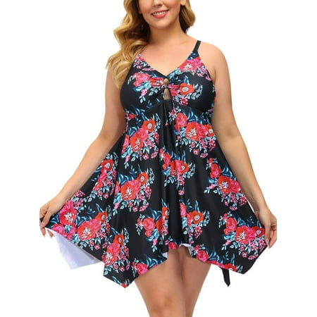 Plus Size Swim Dress for Women Tummy Control Bathing Suit with Boyshorts Two Piece Tankini Swimsuits
