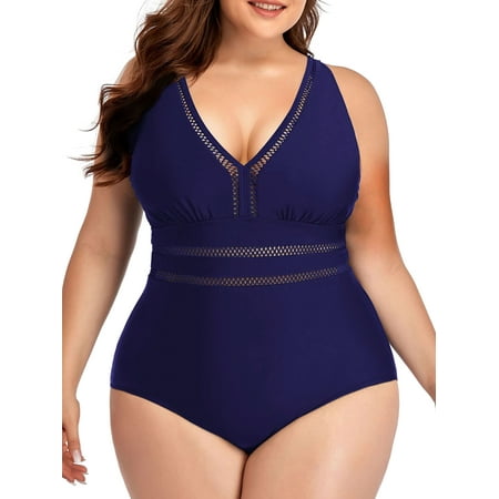 Chama Women’s Plus Size One Piece Swimsuits V Neck Tummy Control Bathing Suits