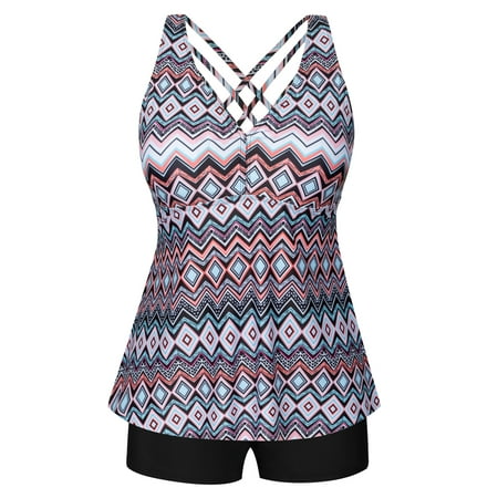 Women’s Plus Size V-Neck Strappy Back Tankini Swimsuit with Boyshorts Flowy Two-Piece Tummy Control Bathing Suits Cross Back Swimwears