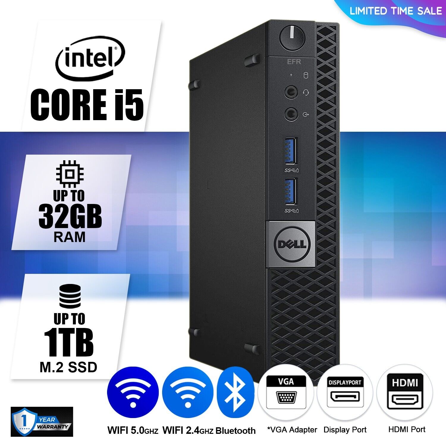 DELL Micro Desktop PC Computer i5, Up to 32GB RAM, M.2 SSD, Windows 10/11, WiFi DELL Micro Desktop PC Computer i5, Up to 32GB RAM, M.2 SSD, Windows 10/11, WiFi