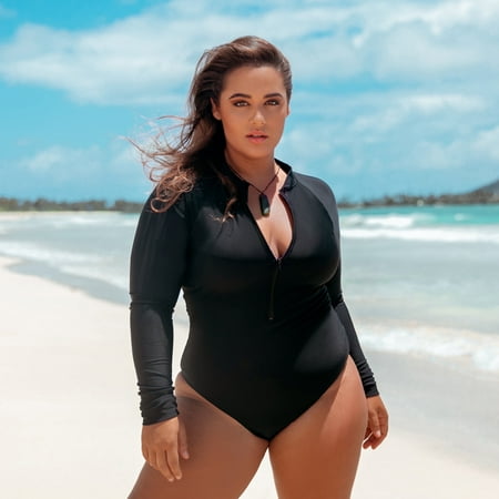 Ocean Blues Women’s Tummy Control Swimwear Long Sleeve Zipper Rash Guard Printed Surfing One Piece Swimsuit For Women Sexy V Neck One Piece Bathing Suit