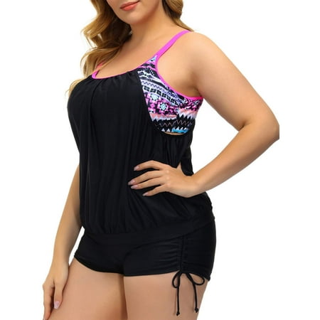 Plus Size Two Piece Tankini Swimsuits for Women Blouson Swim Tops with Boy Shorts Women Bathing Suits Athletic Swimwear