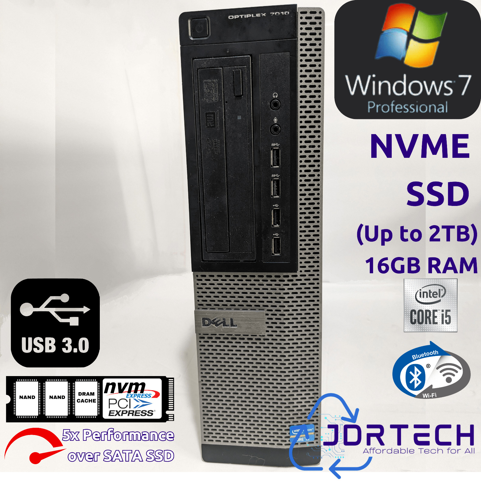 Customizable Windows 7 Pro Dell Optiplex 7010 Core i5 NVME SSD 16GB WiFi BT USB3