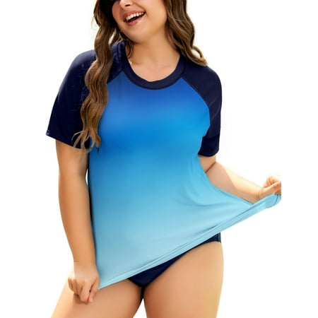 TIYOMI Plus Size Women’s Surfing Swim Tops 2X Gradient Blue Raglan Short Sleeve Shirts Rash Guard Pullover UPF 50+ Sun Protection Swimsuit Tops 2XL 18W 20W