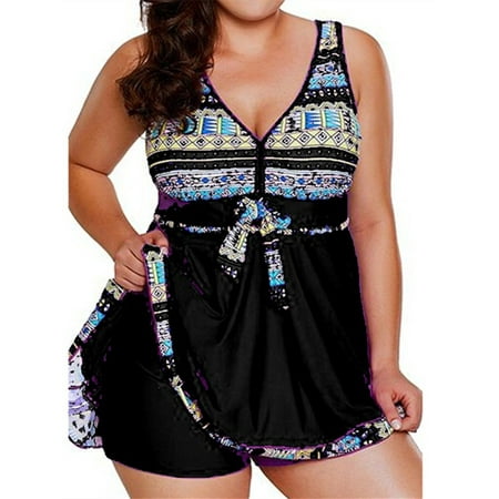 Langwyqu Plus Size Women Summer 2 Pieces Swimsuit Set Printing Bench Tankinis