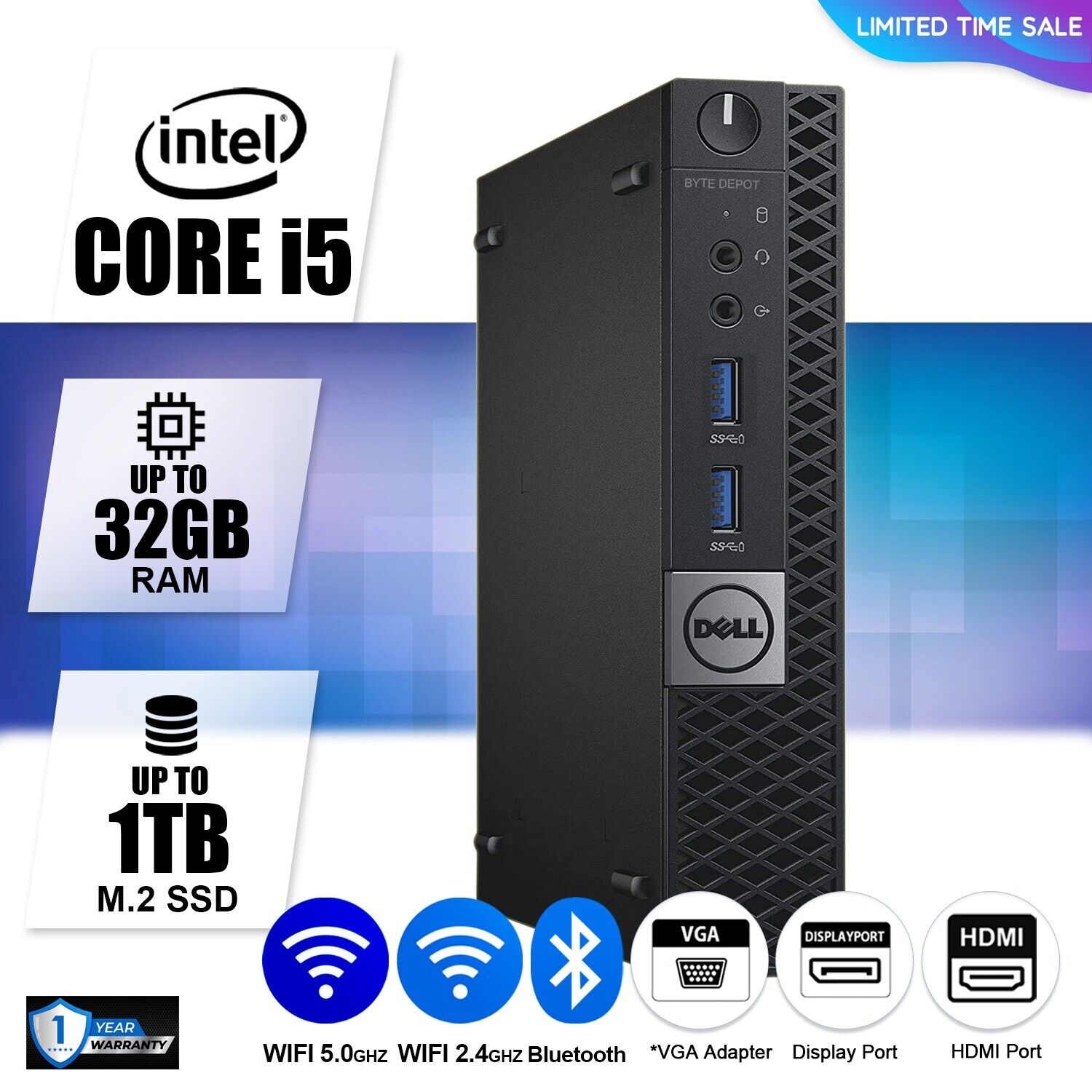 DELL Micro Desktop PC Computer i5, Up to 32GB RAM, M.2 SSD, Windows 10/11, WiFi DELL Micro Desktop PC Computer i5, Up to 32GB RAM, M.2 SSD, Windows 10/11, WiFi