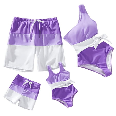 PatPat Women One Piece Swimsuits Tummy Control Ruffle V Neck Belted Colorblock Family Matching Bathing Suit Set