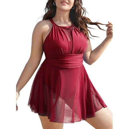 Chama Women’s Plus Size One Piece Swim Dress Mesh High Neck Swimsuits Tummy Control Bathing Suits