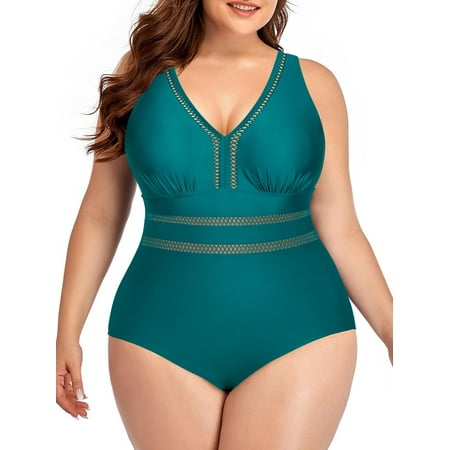 Chama Women’s Plus Size One Piece Swimsuits V Neck Tummy Control Bathing Suits