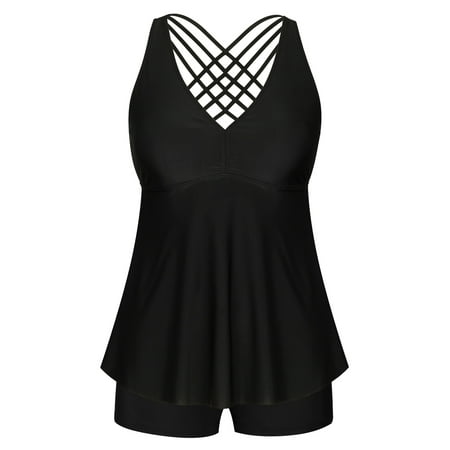 Women’s Plus Size V-Neck Strappy Back Tankini Swimsuit with Boyshorts Flowy Two-Piece Tummy Control Bathing Suits Cross Back Swimwears