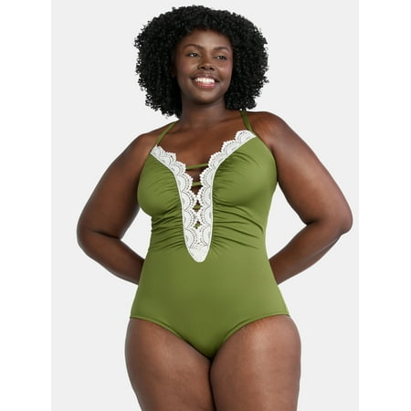 Time and Tru Women’s and Women’s Plus Plunge One Piece Swimsuit with Crochet Lace Trim, Sizes XS-3X