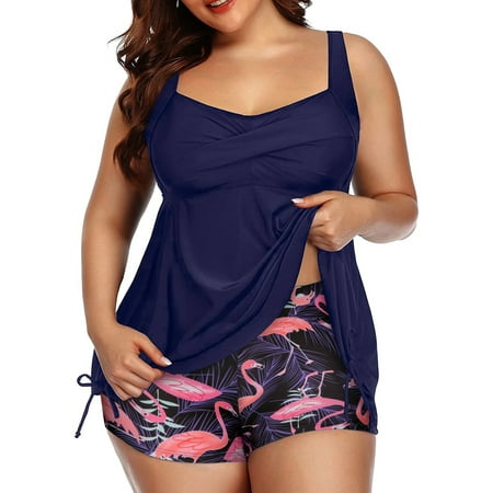 Women’s Plus Size Ruched Tankini Swimsuit Flowy 2 Piece Tummy Control Bathing Suits with Shorts