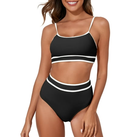 Eytino Swimsuit Women High Waisted Bikini Sets for Women Scoop Neck Tummy Control Swimsuits Two Piece Color Block Swimming Suits Ribbed Bathing Suits Swimwear Black S-2XL
