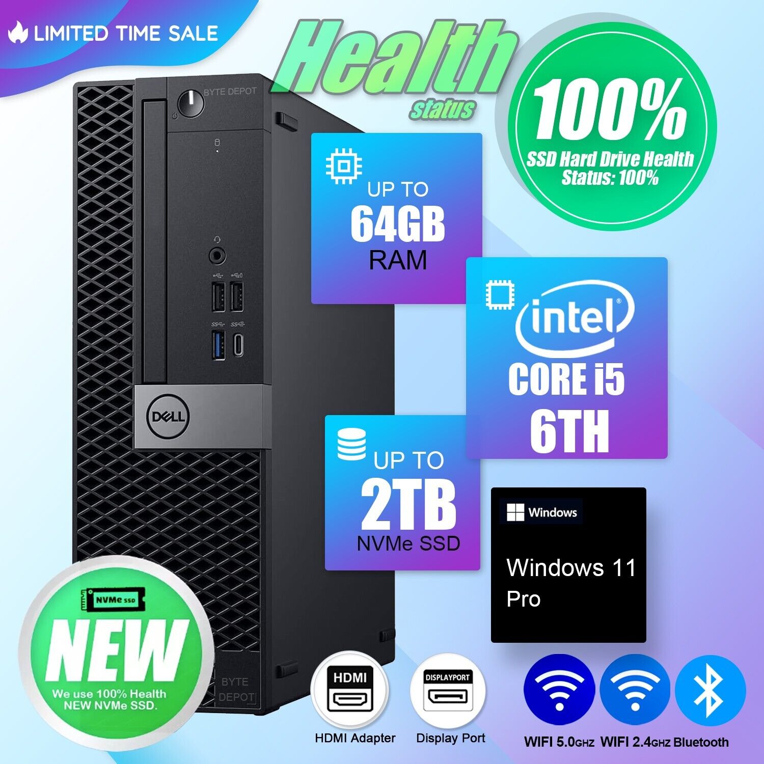 DELL Desktop Computer PC i5 6TH, Up to 64GB RAM 2TB M.2 SSD, Windows 11, WiFi BT