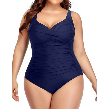 Rivelino Plus Size One Piece Swimsuit for Women Tummy Control Retro Bathing Suit with Twist Front and Ruched Design