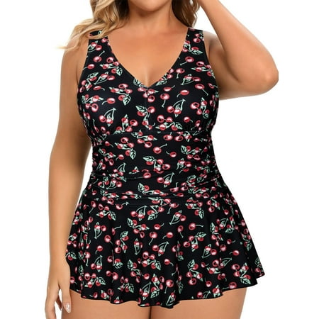 Women’s Plus Size One Piece Swimdress Tummy Control Bathing Suit V Neck Swimsuit Ruched Skirt Swimwear