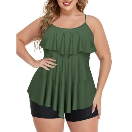 Plus Size Tankini Swimsuits for Women Ruffled Flounce Swimwear Two Piece Bathing Suits Layered Top with Boyshorts