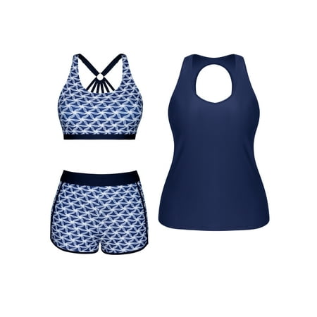 Women Plus Size 3 Piece Tankini Swimsuits Athletic Bathing Suits with Boy Shorts Tank Top with Sports Bra