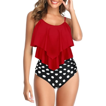 Ponceau Women’s Tankini Swimsuits Two Piece High Waisted Bathing Suit for Women Best Tummy Control Swimwear Red-Black Dot 2XL