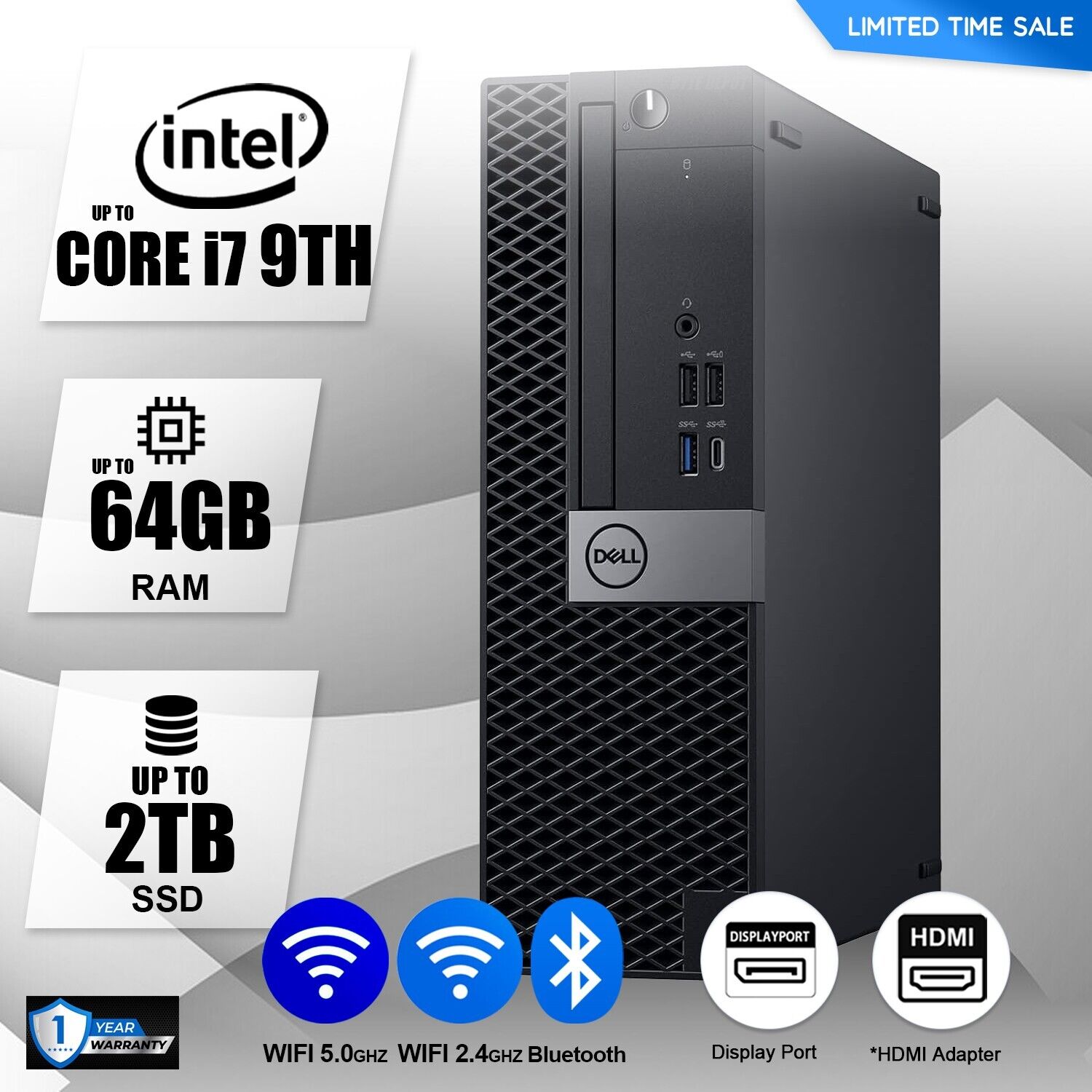 DELL Desktop Computer PC Up to i7 9TH, 64GB RAM, 2TB SSD,  Windows 10/11,WIFI