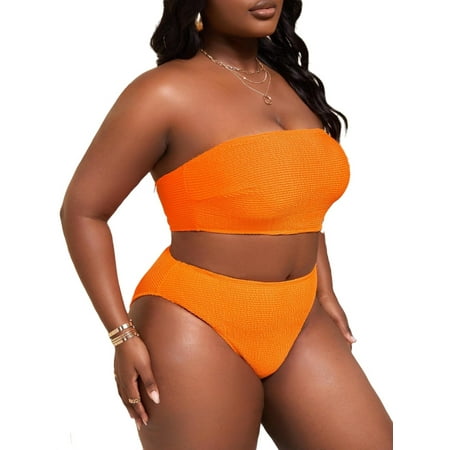 Swimming & Beach Plain Bandeau Orange Plus Size Bikini Sets 3XL
