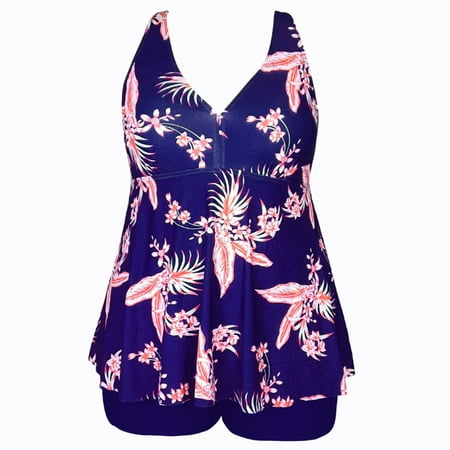 Phenas Women Plus Size Bathing Suits Printed 2 Piece Flowy Swimsuits V Neck Tankini Swimwear for Ladies L-5XL