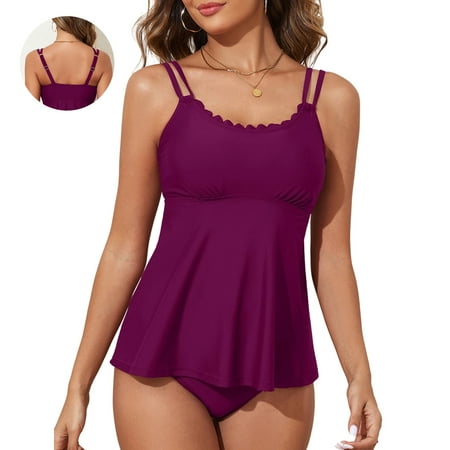 DOKOTOO Plus Size Swimsuits for Women 2 Piece Scallop Trim Tankini Top with Bottom Push Up Swim Suit for Women Tummy ControlPurple 2XL US18-20