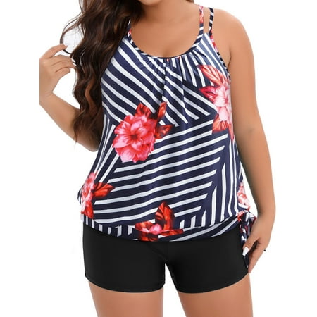 Chama Blouson Tankini Swimsuits for Women Plus Size 2 Piece Tummy Control Bathing Suits Side Tie Swimwears