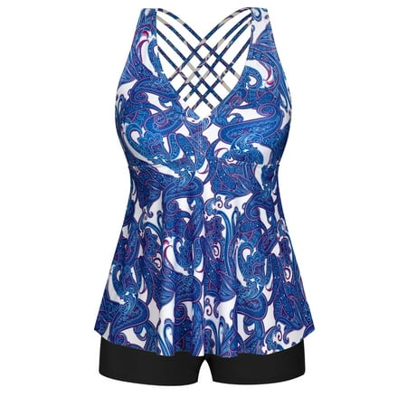 Women’s Plus Size V-Neck Strappy Back Tankini Swimsuit with Boyshorts Flowy Two-Piece Tummy Control Bathing Suits Cross Back Swimwears