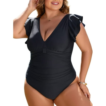 Women’s Plus Size Bathing Suit One Piece Tummy Control Swimsuit Full Coverage Retro Ruffle Swimwear
