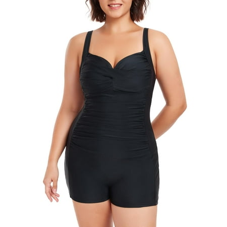 Ocean Blues Women’s One Piece Swimsuit Plus Size Swimwear With Boyleg Short Tummy Control Retro One Piece Bathing Suit For Women