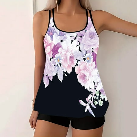 Busydd Plus Size Swimsuit for Women S-5XL Two Piece Tankini Bathing Suits Trendy Floral Print Sleeveless Swimwear with Boyshorts