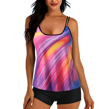 VEKDONE Summer Tankini Swimsuit for Women Solid Color Tummy Control Swimwear 2 Piece Casual Holiday Party Bathing Suit Strap Beachwear A Wine L