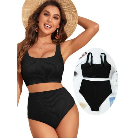 Eytino Womens Swimsuits Color Block Scrunch Square Neck Bathing Suits for Women High Waisted Bikini Set 2025 Summer Beach Swimwear Two Piece Swimsuit Black XL