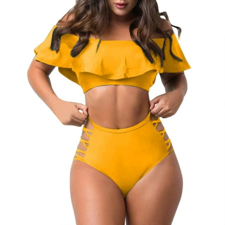 YanHoo Women Strapless Swimsuits 2 Piece Bikini Set Plus Size Ruffle Swimwear High Waist Strappy Bathing Suit for 2024 Summer