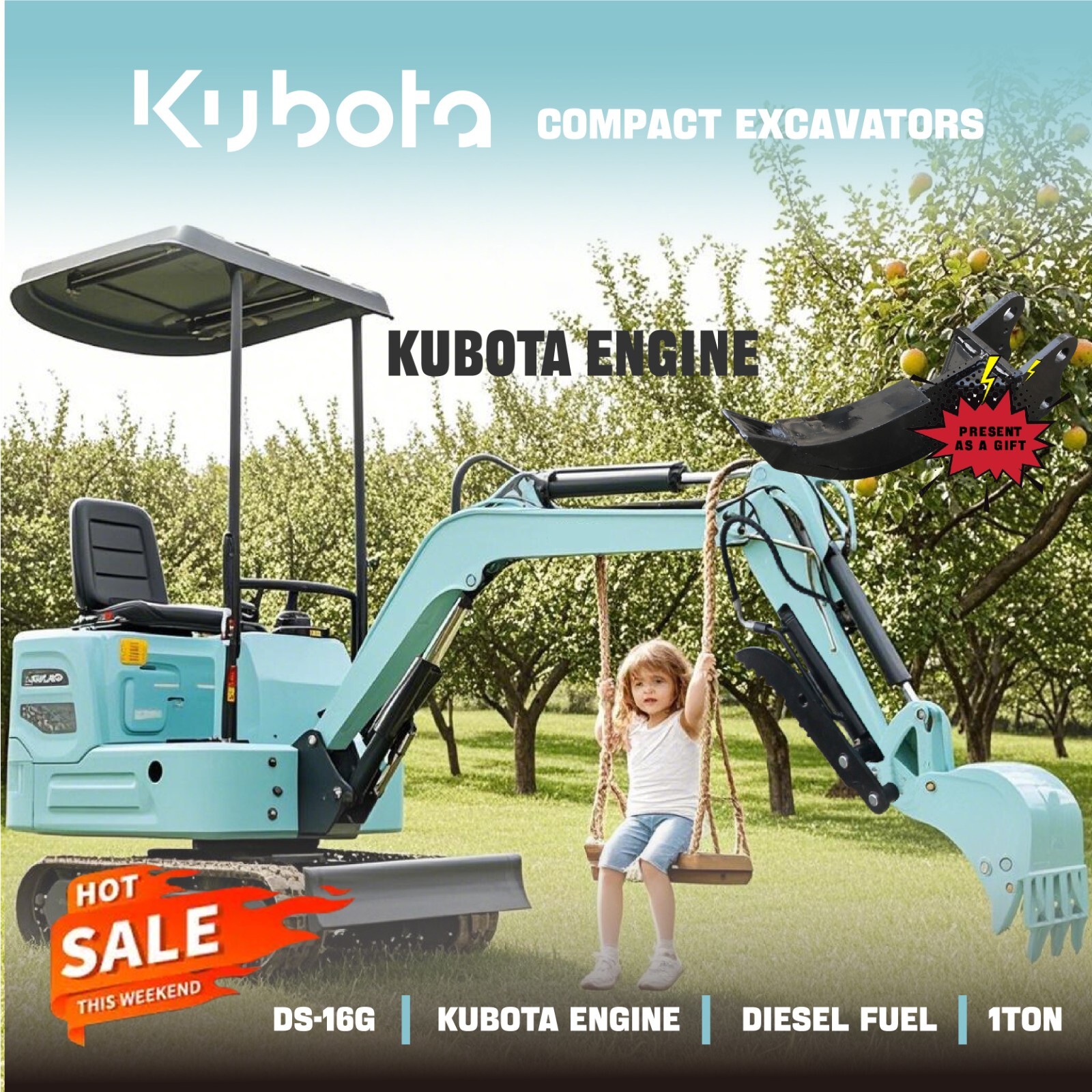 Free shipping, mini excavator, Kubota engine, 11.3HP, auxiliary tools included