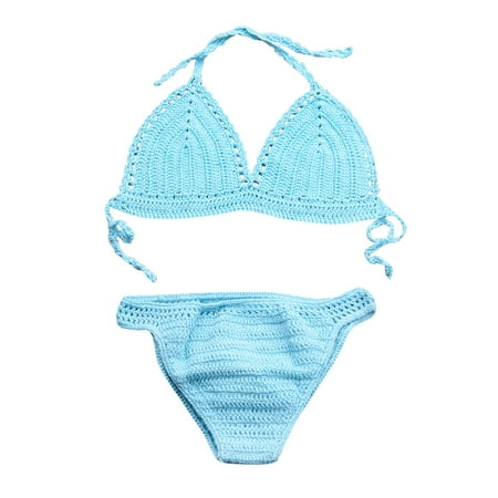 Women’s Sexy Crochet Triangle Bikini Set Knitted Bathing Suits Padded Bra Beach Swimsuit Hollow out Backless Summer Strap Halter Neck Two-Piece Swimwear Blue XL