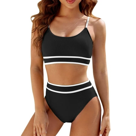 EHRWE Women’s High Waisted Bikini Sets Sporty Two Piece Swimsuit Color Block High Cut Bathing Suits Black, Sizes S-2XL