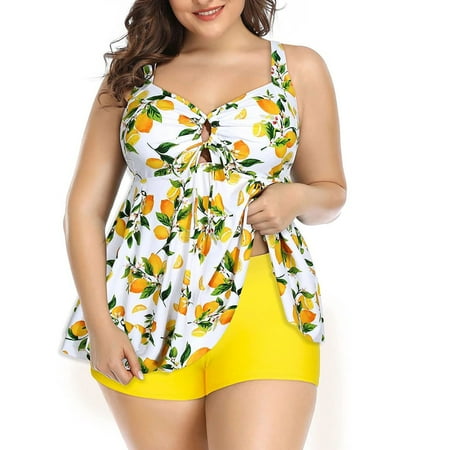 Dihao Tankini Swimsuit for Women Clearance Women Swimsuit High Waist Solid Conservative Print Split Swimwear Top with Shorts Two Piece Conservative Bathing Suit