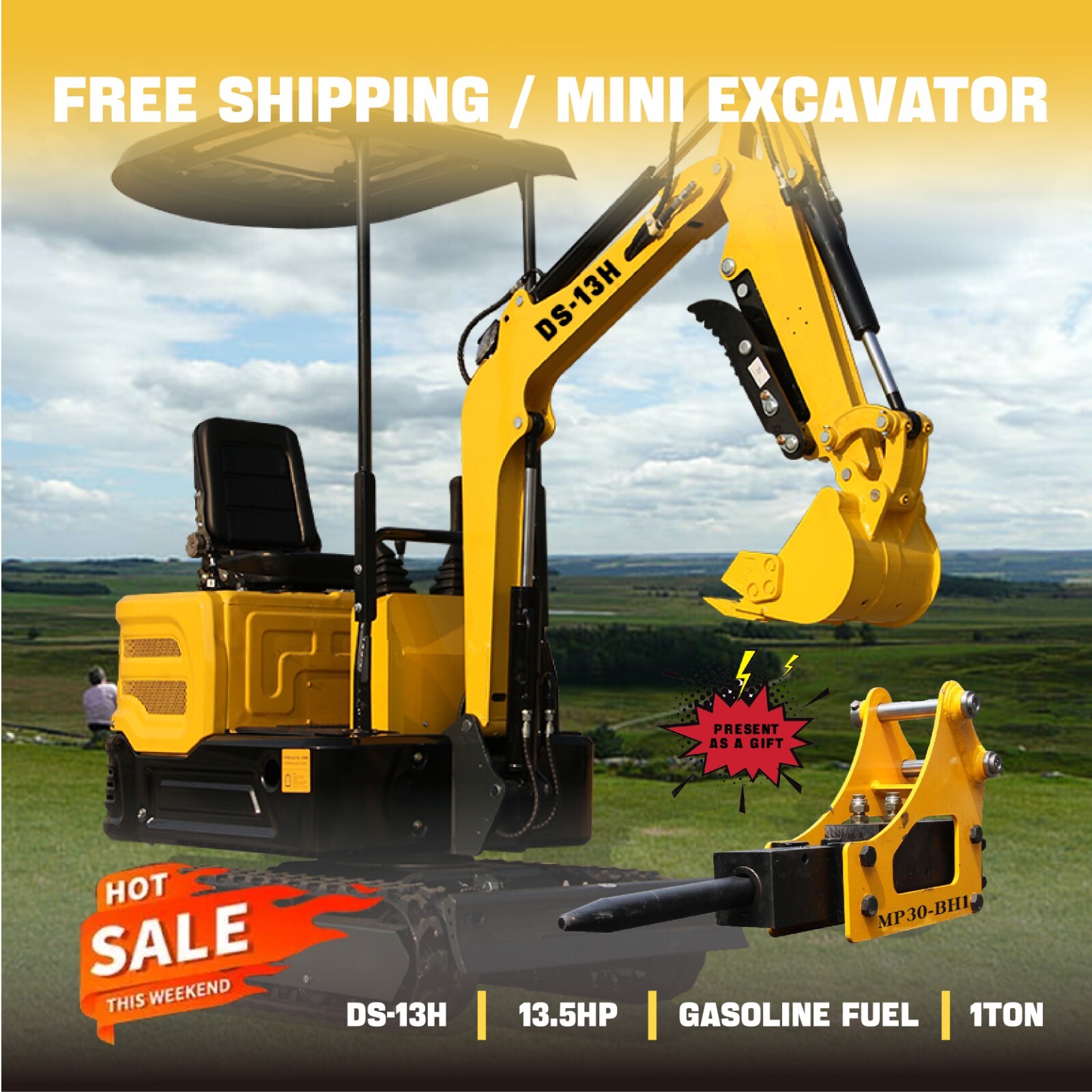 Free shipping mini excavator, gasoline fuel, 13.5HP, engineering rubber tracks